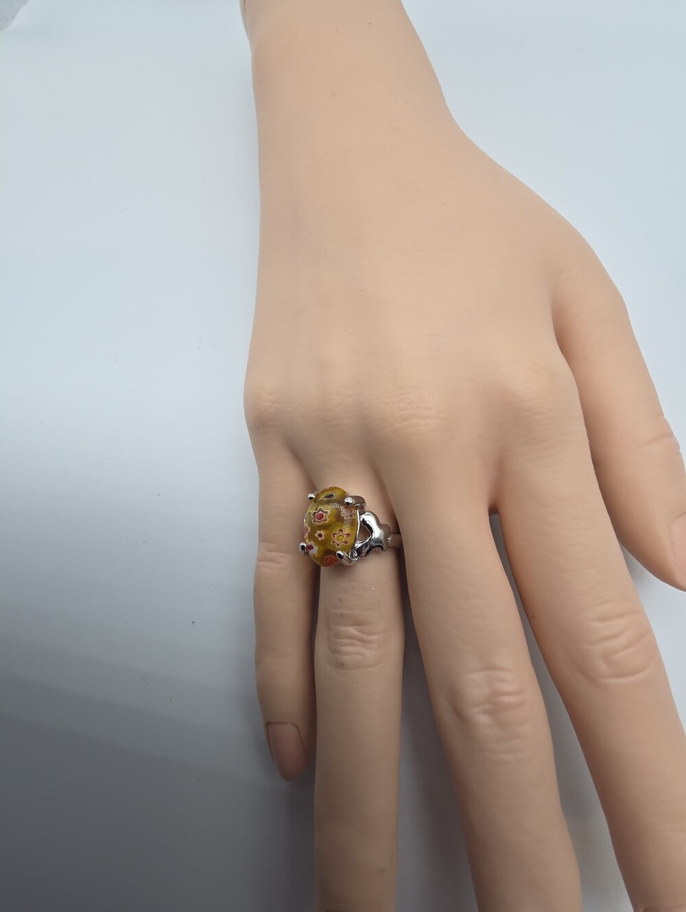 Yellow Millefiori Glass Ring with Silver Band Size 8